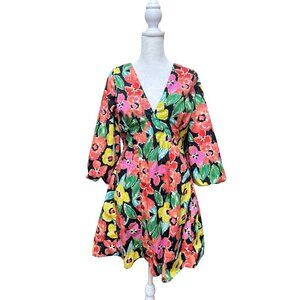 Gianni Bini Floral Cotton Dress Balloon Sleeve V Neck Lined Size M